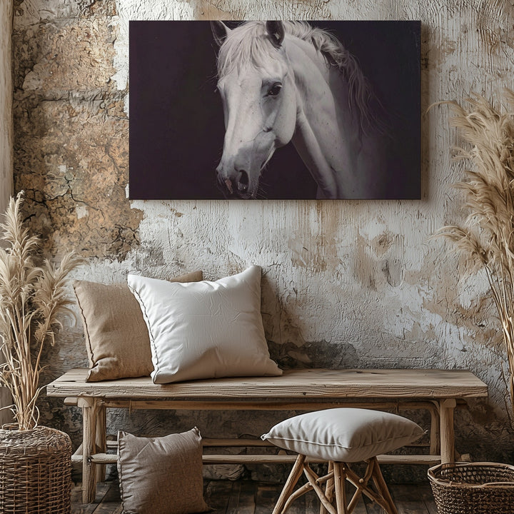 Illuminated White Horse Canvas – Minimalist Equestrian Portrait Art - Gifitto