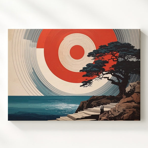 Solitude and Balance Canvas – Minimalist Landscape with Sun, Tree, and Figure - Gifitto