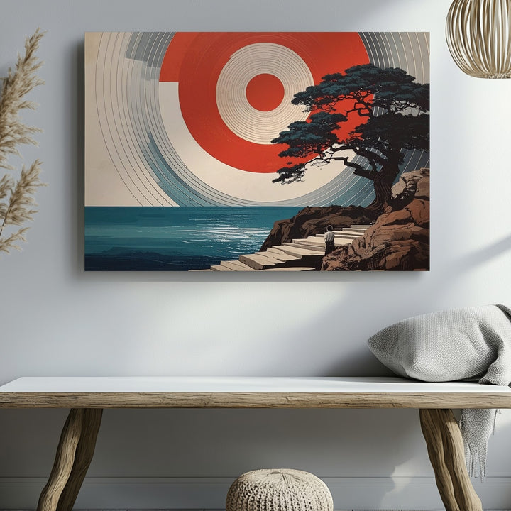 Solitude and Balance Canvas – Minimalist Landscape with Sun, Tree, and Figure - Gifitto