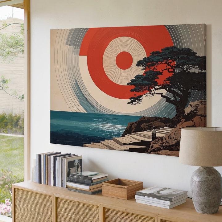 Solitude and Balance Canvas – Minimalist Landscape with Sun, Tree, and Figure - Gifitto