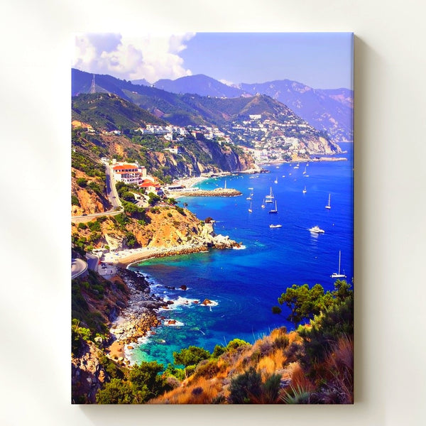 Mediterranean Coastal Town Canvas – Aerial View of Seaside Beauty and Vibrant Waters