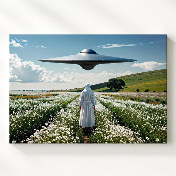 Tranquil UFO Encounter Canvas – Figure in White in Peaceful Field with Hovering UFO - Gifitto