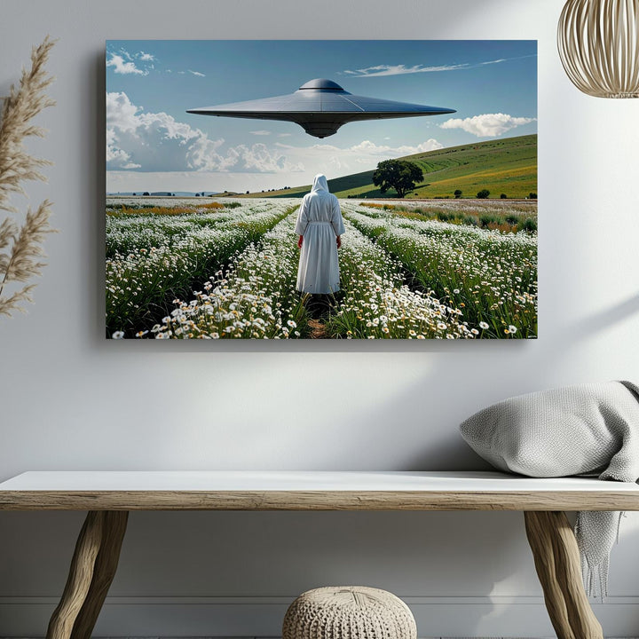 Tranquil UFO Encounter Canvas – Figure in White in Peaceful Field with Hovering UFO - Gifitto