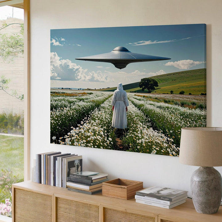 Tranquil UFO Encounter Canvas – Figure in White in Peaceful Field with Hovering UFO - Gifitto