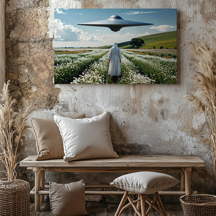 Tranquil UFO Encounter Canvas – Figure in White in Peaceful Field with Hovering UFO - Gifitto