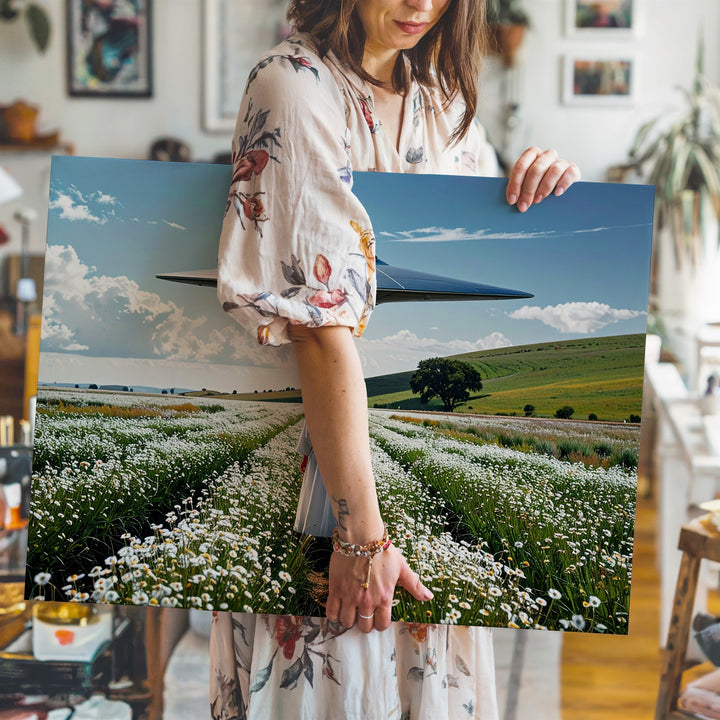 Tranquil UFO Encounter Canvas – Figure in White in Peaceful Field with Hovering UFO - Gifitto
