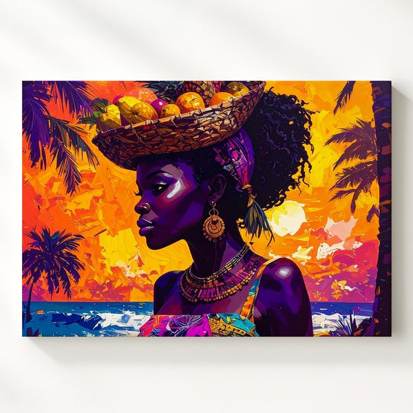Tropical Strength Canvas – Bold Silhouette Woman with Fruit Basket Art - Gifitto