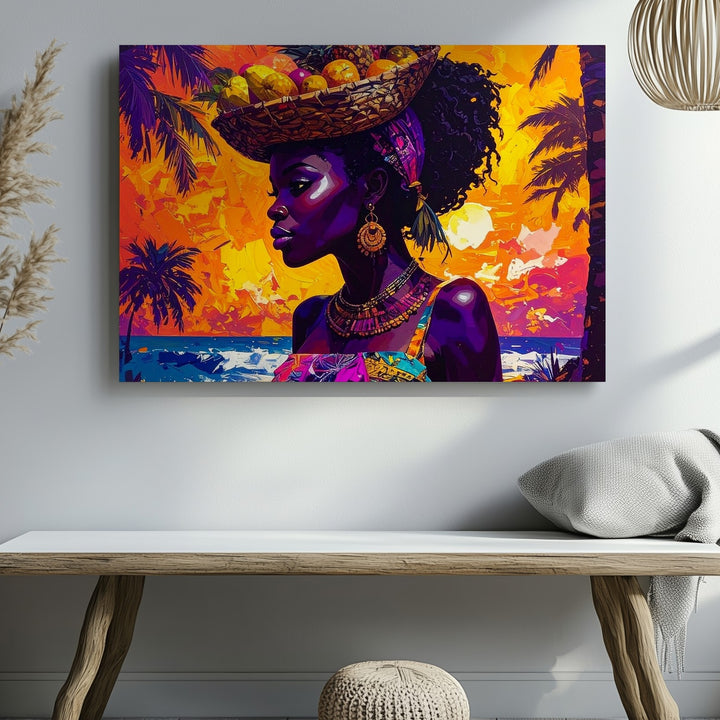 Tropical Strength Canvas – Bold Silhouette Woman with Fruit Basket Art - Gifitto