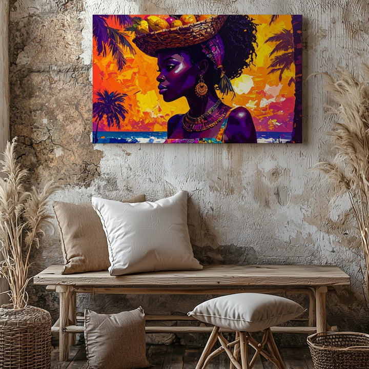 Tropical Strength Canvas – Bold Silhouette Woman with Fruit Basket Art - Gifitto