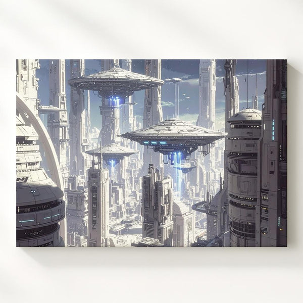 Futuristic Cityscape Canvas – Towering Structures and Hovering UFOs in Advanced Metropolis - Gifitto