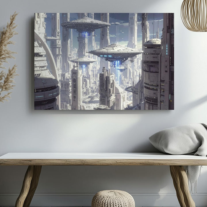 Futuristic Cityscape Canvas – Towering Structures and Hovering UFOs in Advanced Metropolis - Gifitto