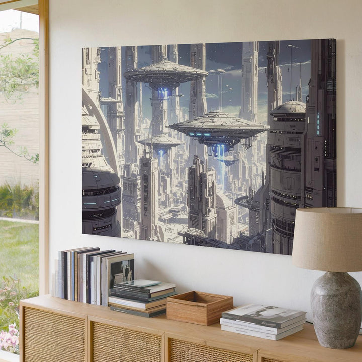 Futuristic Cityscape Canvas – Towering Structures and Hovering UFOs in Advanced Metropolis - Gifitto