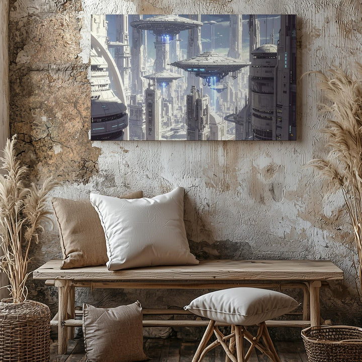 Futuristic Cityscape Canvas – Towering Structures and Hovering UFOs in Advanced Metropolis - Gifitto