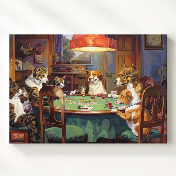 Dogs & Cat Poker Night Canvas – Whimsical Anthropomorphic Game Scene - Gifitto