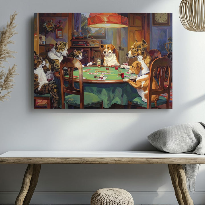 Dogs & Cat Poker Night Canvas – Whimsical Anthropomorphic Game Scene - Gifitto