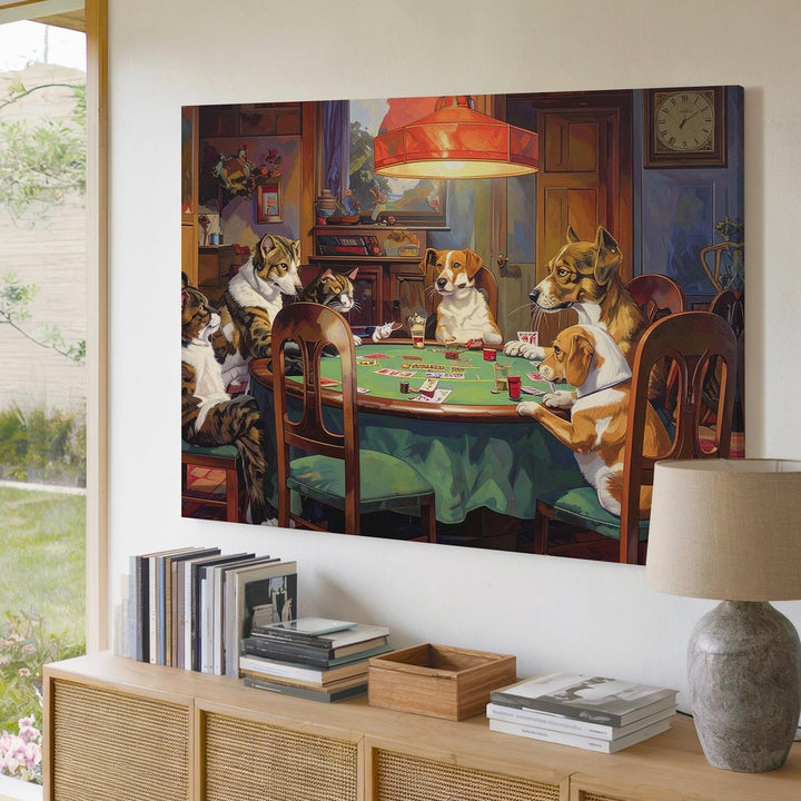 Dogs & Cat Poker Night Canvas – Whimsical Anthropomorphic Game Scene - Gifitto
