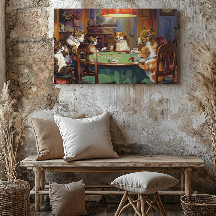 Dogs & Cat Poker Night Canvas – Whimsical Anthropomorphic Game Scene - Gifitto