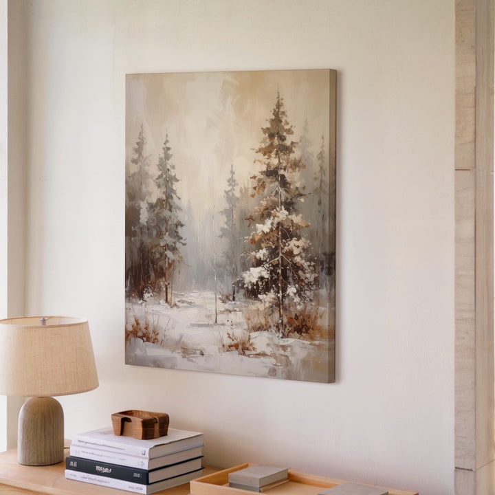 Minimalist Winter Forest Canvas – Soft Foggy Pines in Neutral Tones - Gifitto