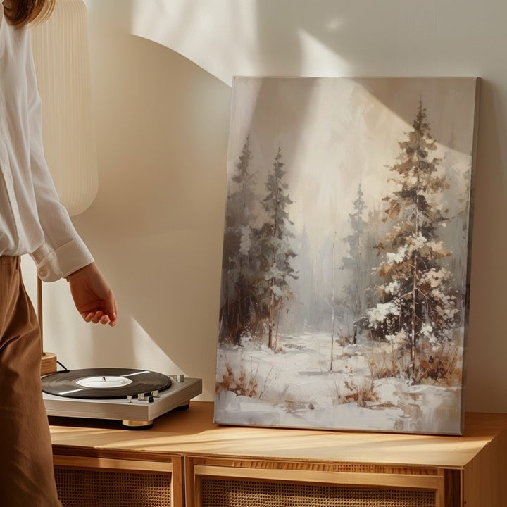Minimalist Winter Forest Canvas – Soft Foggy Pines in Neutral Tones - Gifitto