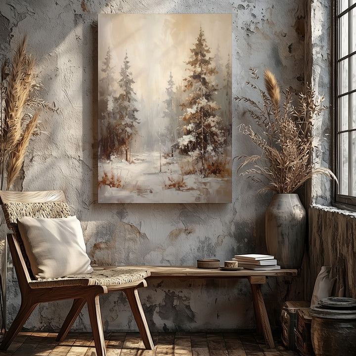 Minimalist Winter Forest Canvas – Soft Foggy Pines in Neutral Tones - Gifitto