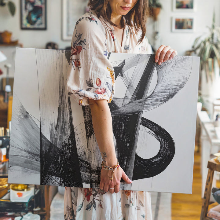 Serpentine Mesh Flow Canvas – Monochrome Abstract Ribbon Line Art - Gifitto