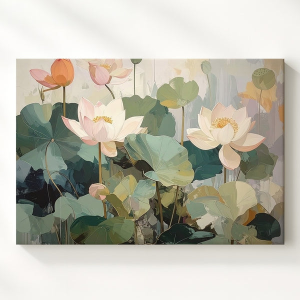 Abstract Lotus Flowers Canvas – Soft Pastel Botanical Art - Gifitto