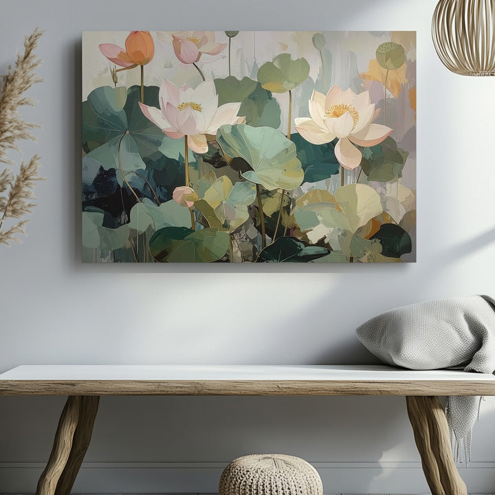 Abstract Lotus Flowers Canvas – Soft Pastel Botanical Art - Gifitto