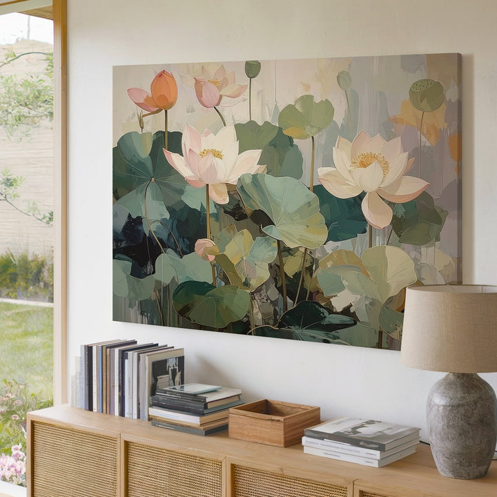 Abstract Lotus Flowers Canvas – Soft Pastel Botanical Art - Gifitto