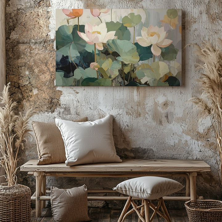 Abstract Lotus Flowers Canvas – Soft Pastel Botanical Art - Gifitto