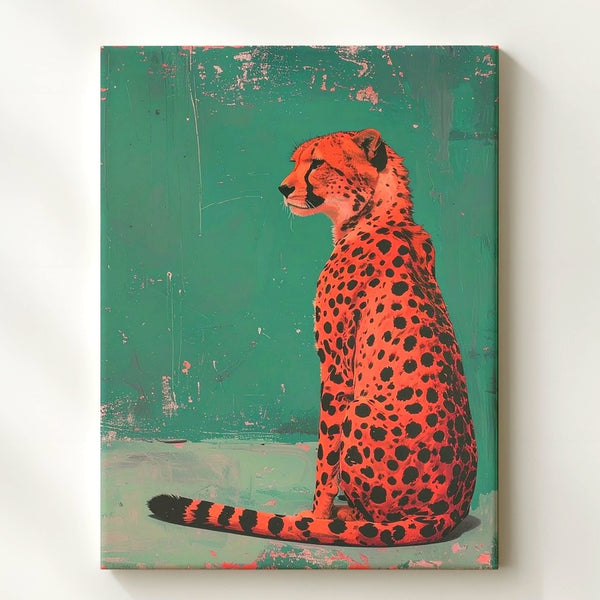 Red Cheetah Elegance Canvas – Bold Stylized Feline on Teal - Gifitto