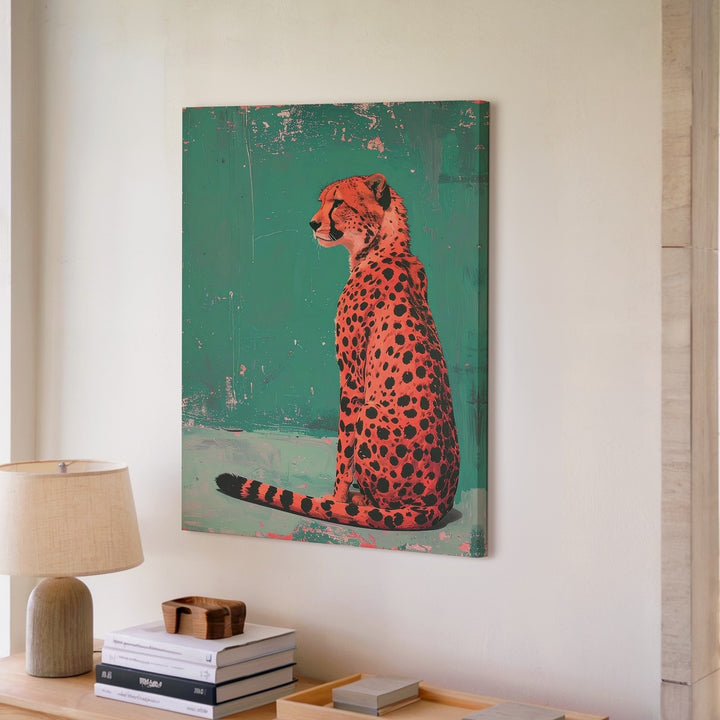 Red Cheetah Elegance Canvas – Bold Stylized Feline on Teal - Gifitto