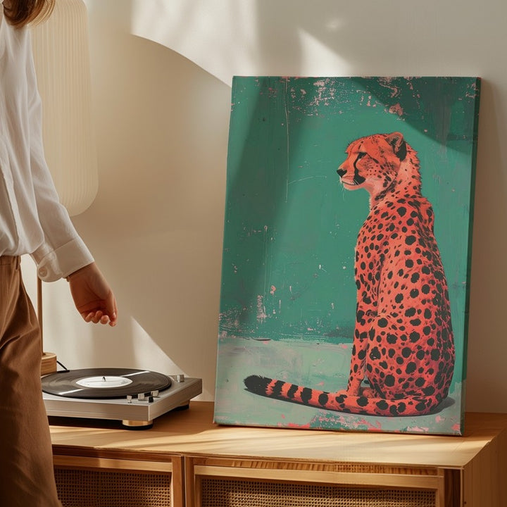 Red Cheetah Elegance Canvas – Bold Stylized Feline on Teal - Gifitto