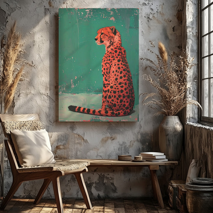 Red Cheetah Elegance Canvas – Bold Stylized Feline on Teal - Gifitto