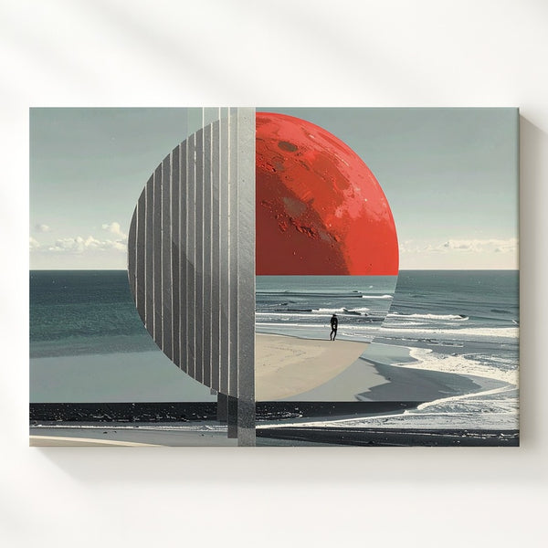 Surreal Beachside Sculpture Canvas – Abstract Red and Gray Sun with Solitary Figure - Gifitto