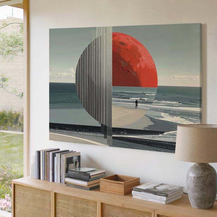 Surreal Beachside Sculpture Canvas – Abstract Red and Gray Sun with Solitary Figure - Gifitto