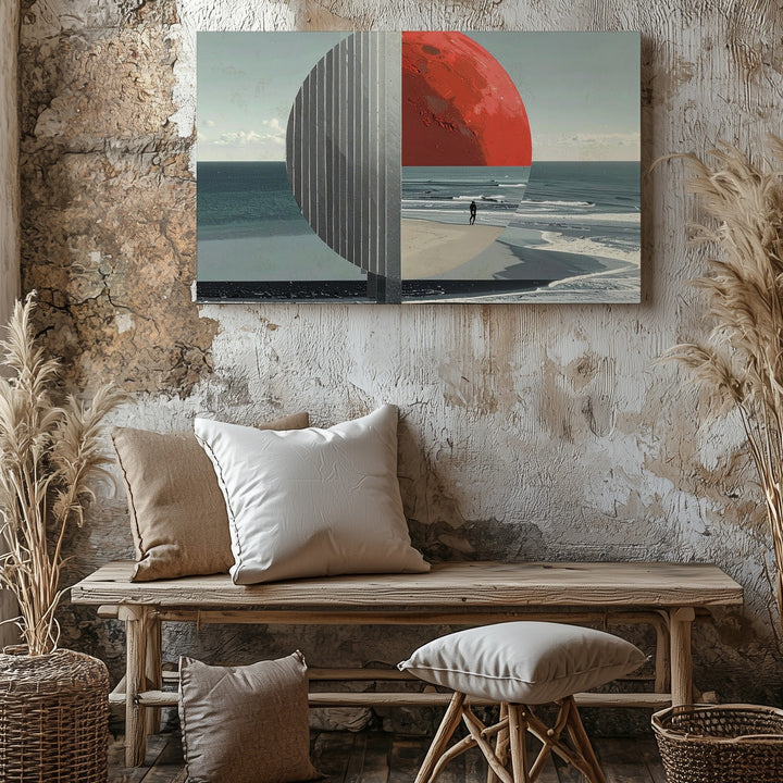 Surreal Beachside Sculpture Canvas – Abstract Red and Gray Sun with Solitary Figure - Gifitto
