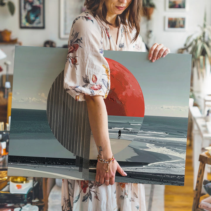 Surreal Beachside Sculpture Canvas – Abstract Red and Gray Sun with Solitary Figure - Gifitto