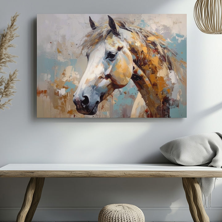 Golden White Horse Canvas – Abstract Equestrian Art - Gifitto