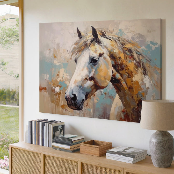 Golden White Horse Canvas – Abstract Equestrian Art - Gifitto