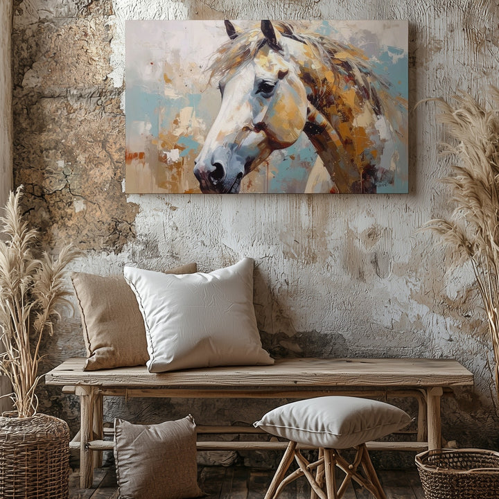 Golden White Horse Canvas – Abstract Equestrian Art - Gifitto