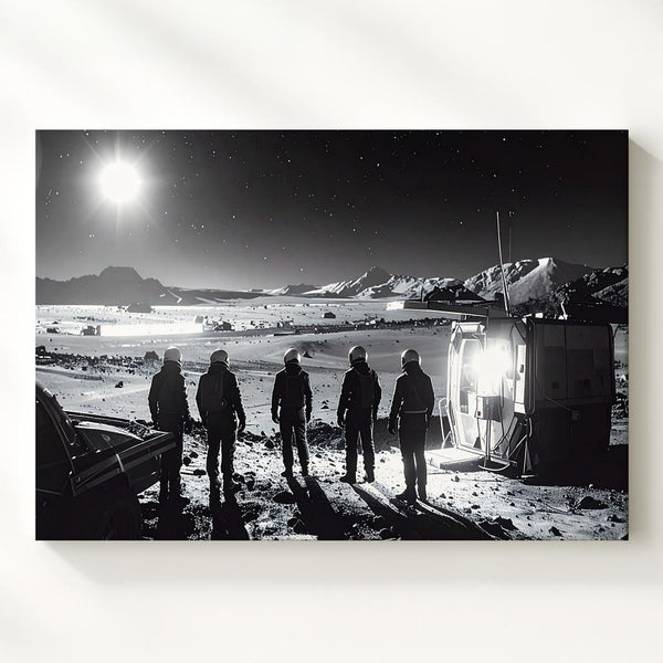 Futuristic Silhouettes Canvas – Figures in Front of Illuminated Structure in Barren Landscape - Gifitto