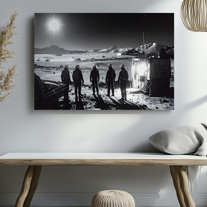 Futuristic Silhouettes Canvas – Figures in Front of Illuminated Structure in Barren Landscape - Gifitto