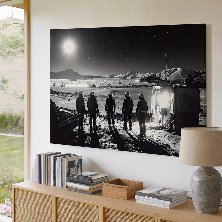 Futuristic Silhouettes Canvas – Figures in Front of Illuminated Structure in Barren Landscape - Gifitto