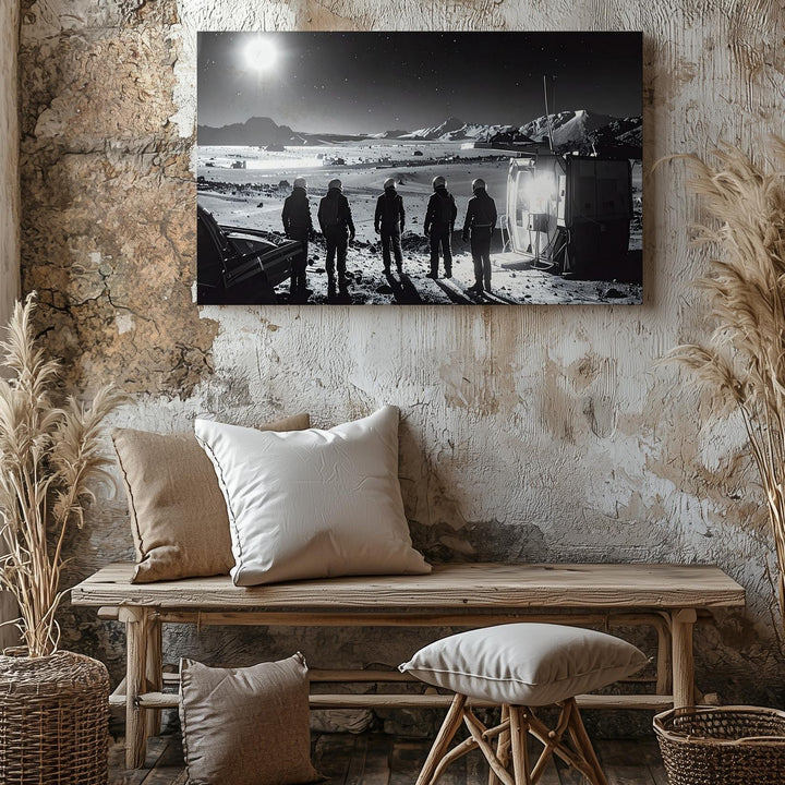 Futuristic Silhouettes Canvas – Figures in Front of Illuminated Structure in Barren Landscape - Gifitto