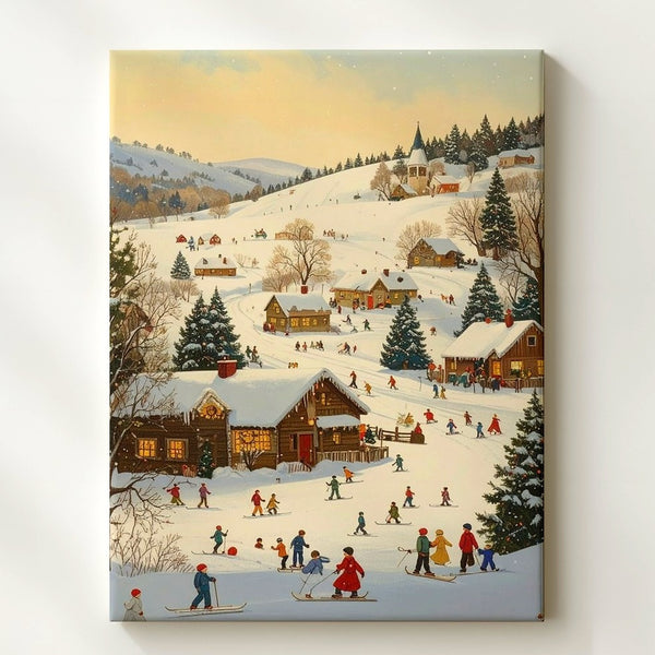 Winter Village Wonderland Canvas – Cheerful Holiday Scene with Cabins and Snow Activities