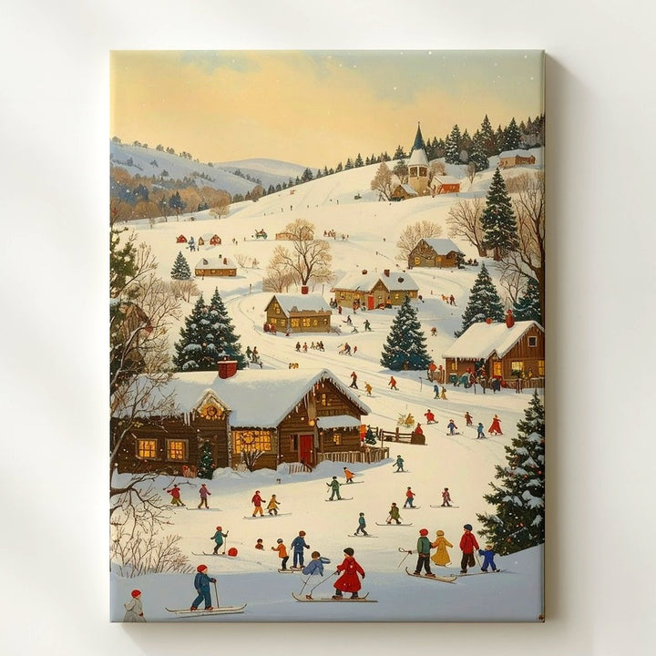 Winter Village Wonderland Canvas – Cheerful Holiday Scene with Cabins and Snow Activities - Gifitto