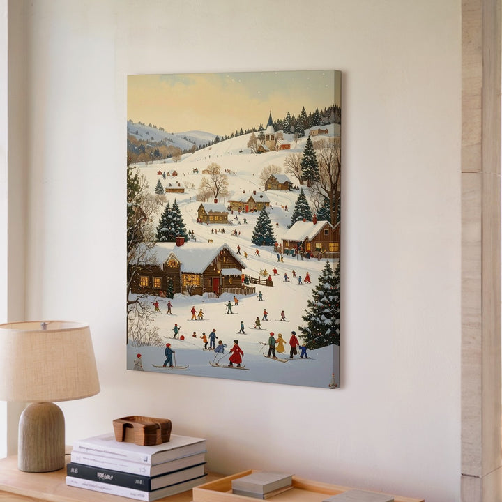 Winter Village Wonderland Canvas – Cheerful Holiday Scene with Cabins and Snow Activities - Gifitto