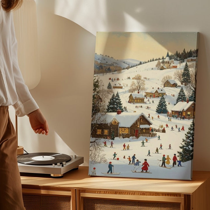 Winter Village Wonderland Canvas – Cheerful Holiday Scene with Cabins and Snow Activities - Gifitto