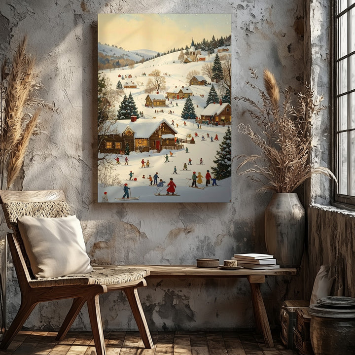 Winter Village Wonderland Canvas – Cheerful Holiday Scene with Cabins and Snow Activities - Gifitto