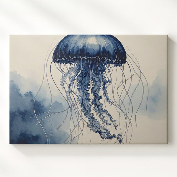 Monochrome Jellyfish Illustration Canvas – Elegant Navy Blue Ink Art